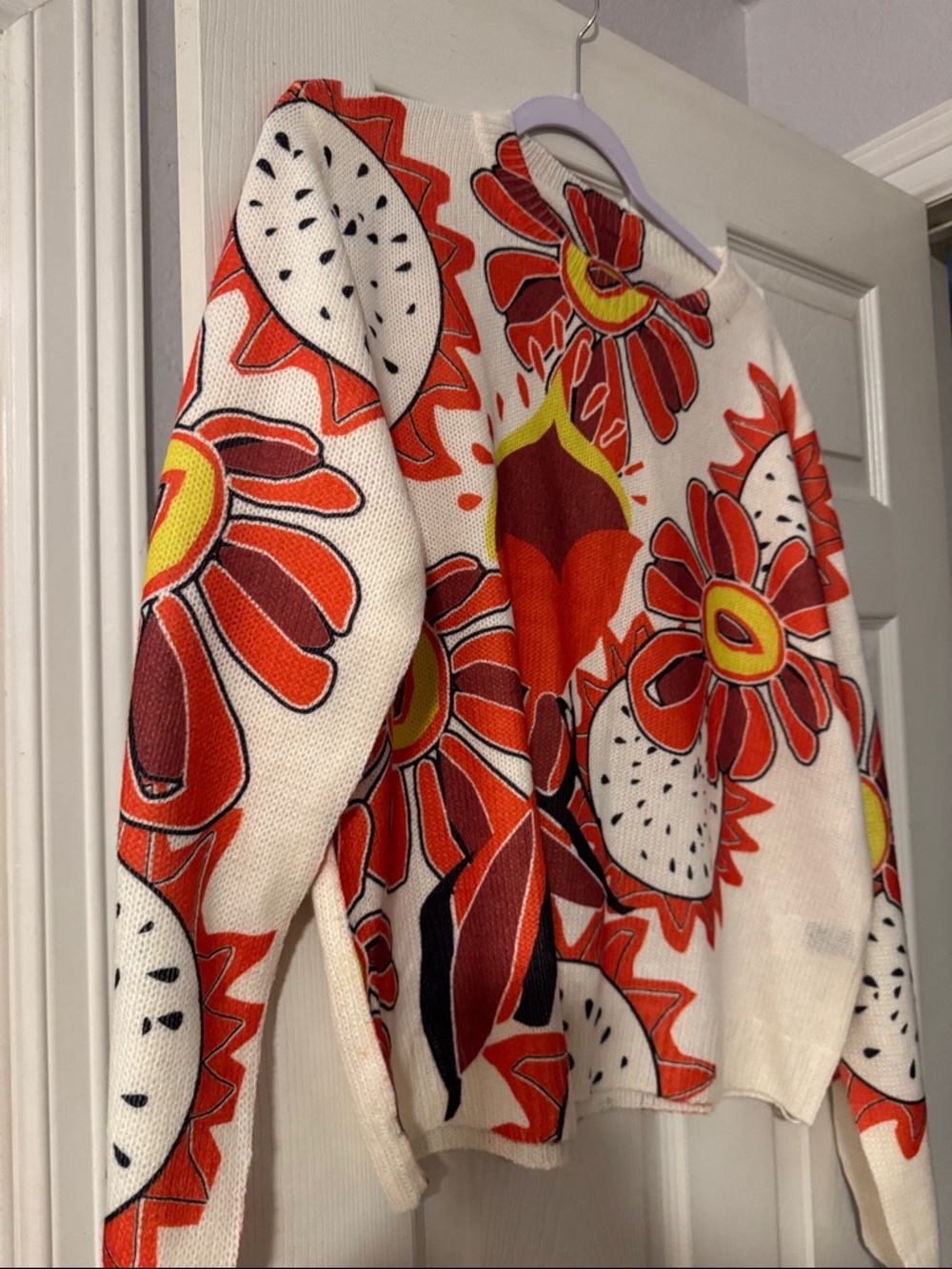 Cream Floral-Print Crew Neck Sweater in Red & Orange - Picture 5 of 6